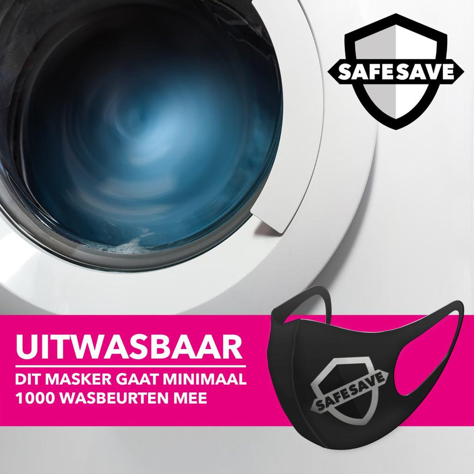 SafeSave 3x Zwarte Mondkapje 1000x wasbaar 100% Spatwaterdicht